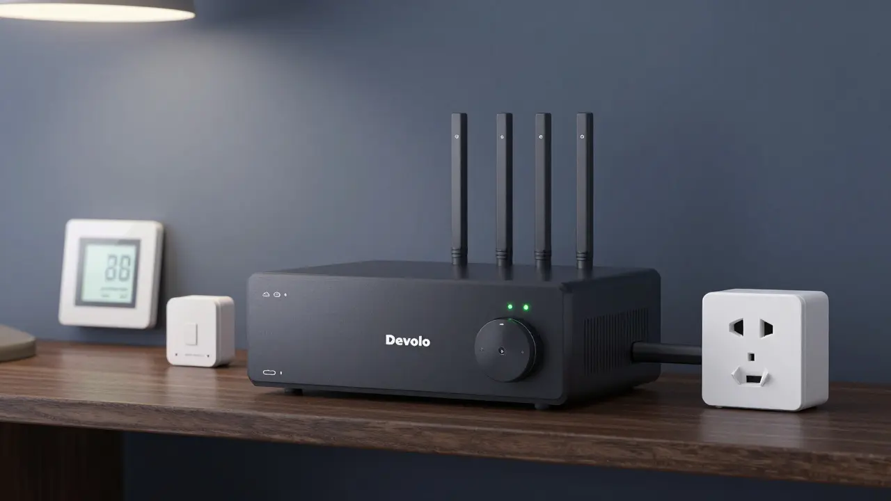 Devolo-Miniserver auf Regal mit Thermostat, Türsensor und Steckdose, lokal gesteuert, keine Cloud-Symbole.