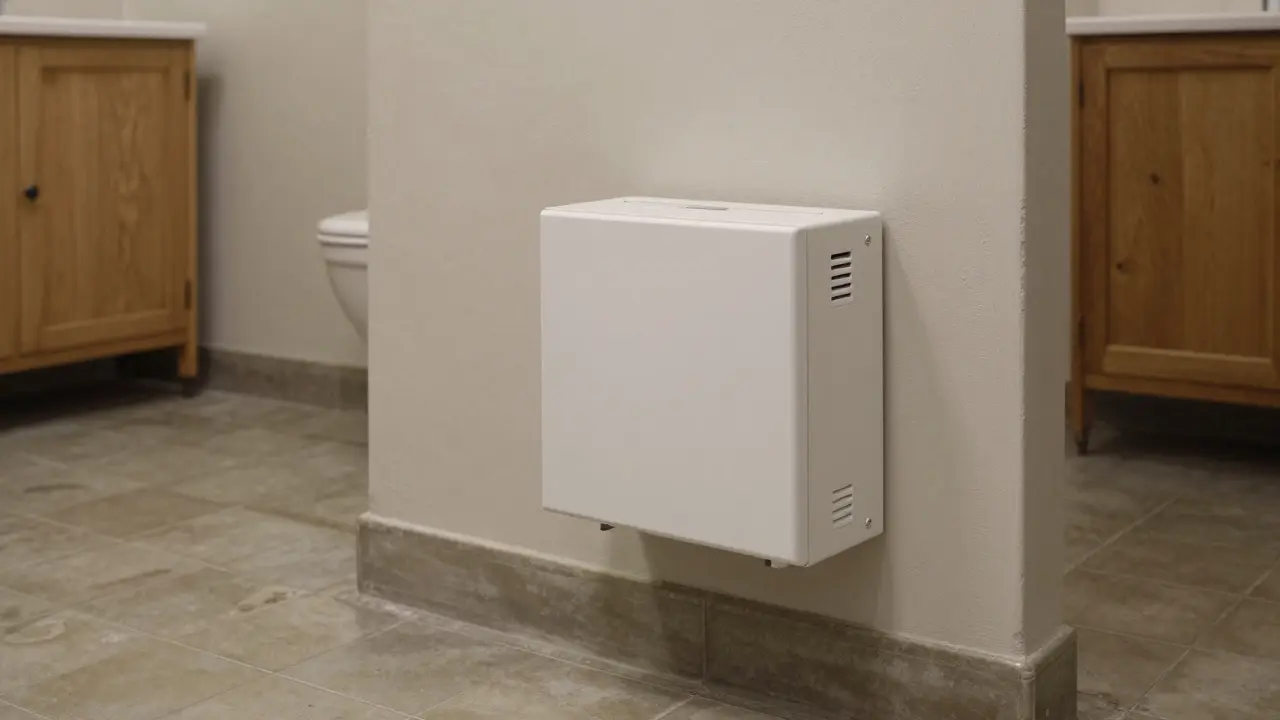 Diskret eingebautes Lüftungsgerät mit Wärmerückgewinnung in einem alten Badezimmer.