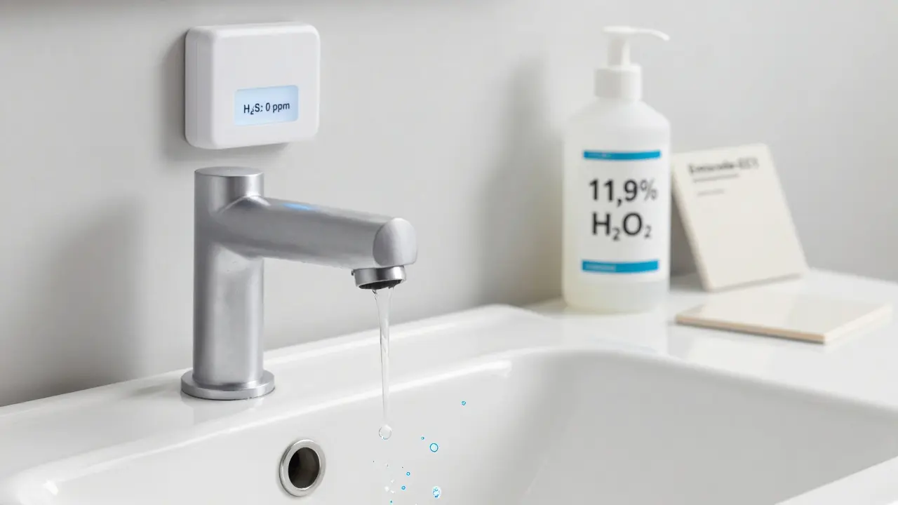 Dry sink trap with a drop of hydrogen peroxide neutralizing sewer gas, sensor showing zero harmful emissions.