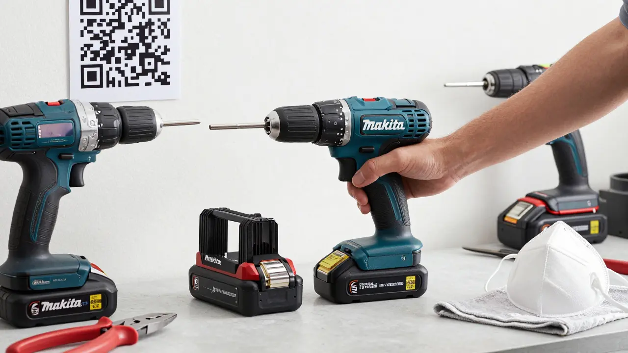 Ein Akkuschrauber mit zwei Akkus an der Ladestation, neben Bohrmaschine und Sicherheitsausrüstung.