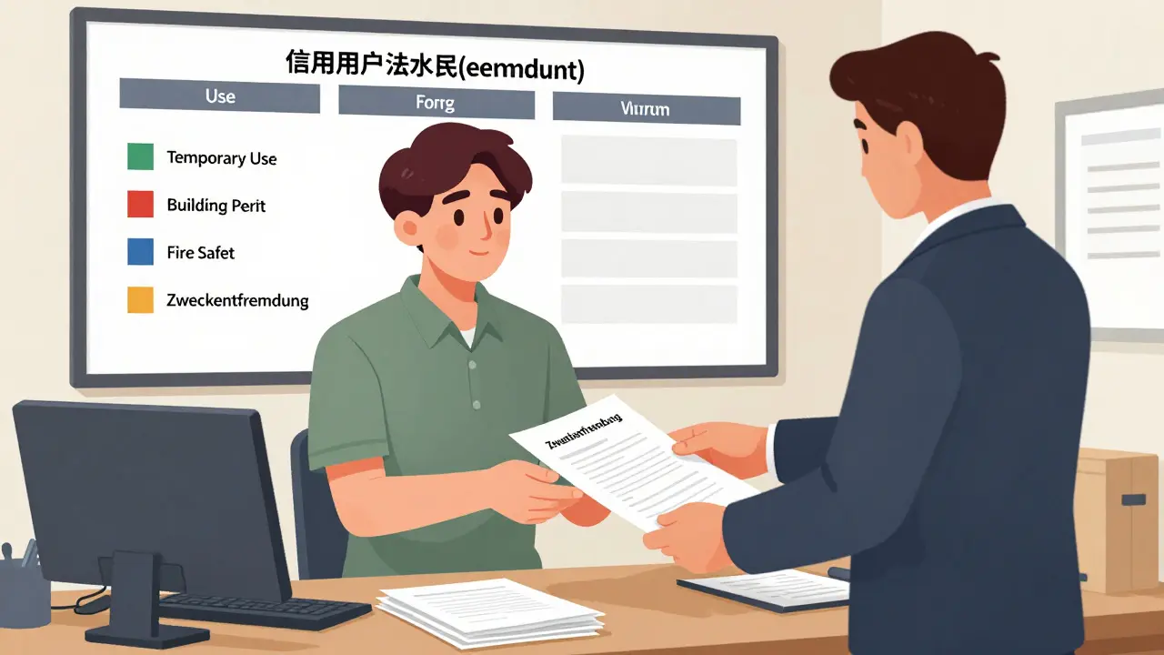 Ein Bürgeramt in Deutschland, wo ein Gründer Baugenehmigungsunterlagen einreicht, während rechtliche Kategorien an der Wand sichtbar sind.