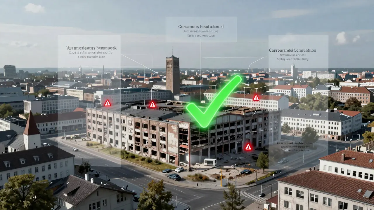 Eine transparente Stadtansicht, die verborgene rechtliche Rahmenbedingungen für Zwischennutzungen von Immobilien visualisiert.