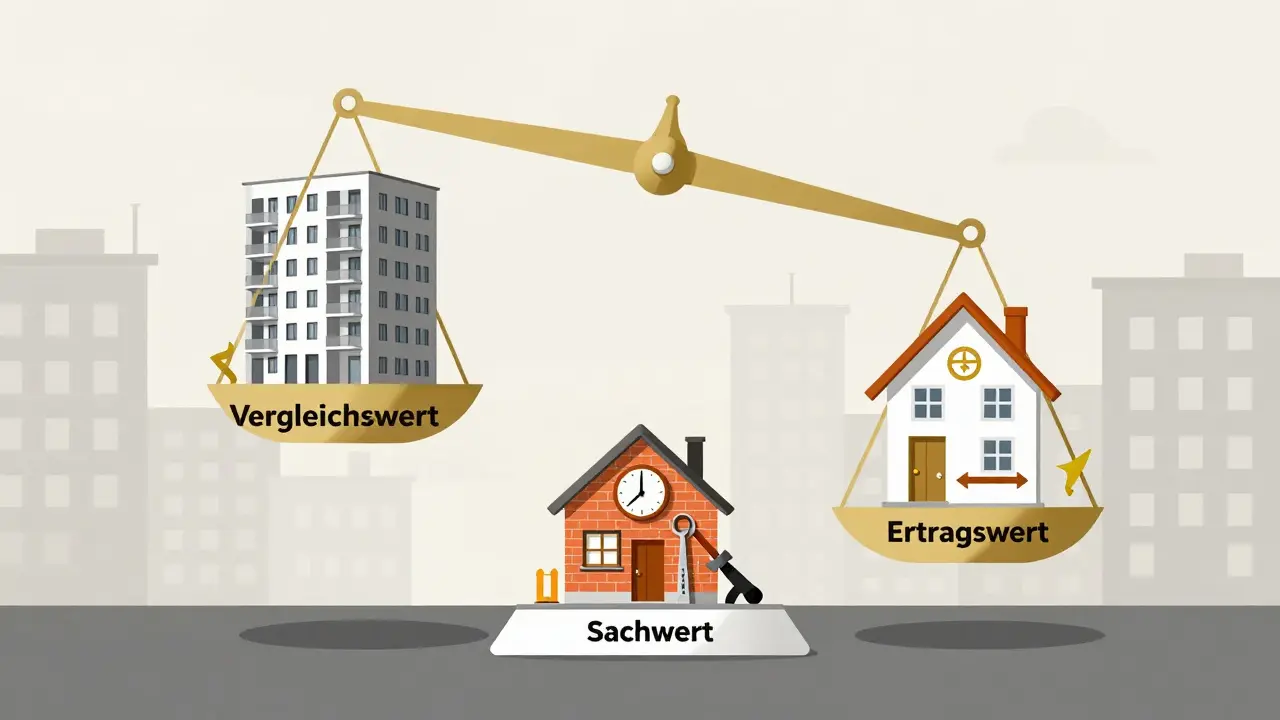 Eine Waage zeigt die drei Immobilienbewertungsmethoden: Vergleichswert, Ertragswert und Sachwert in Ungleichgewicht.