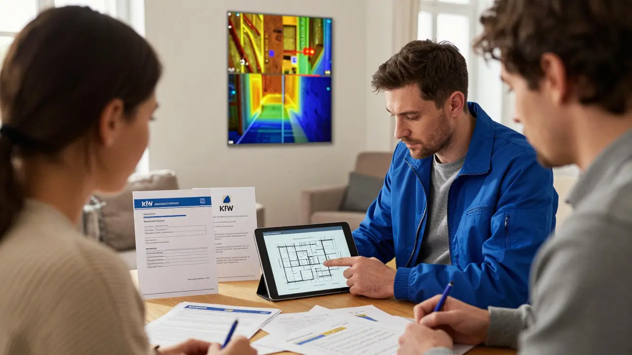 Energieberater zeigt digitalen Sanierungsplan mit Hausbesitzer in Wohnzimmer.