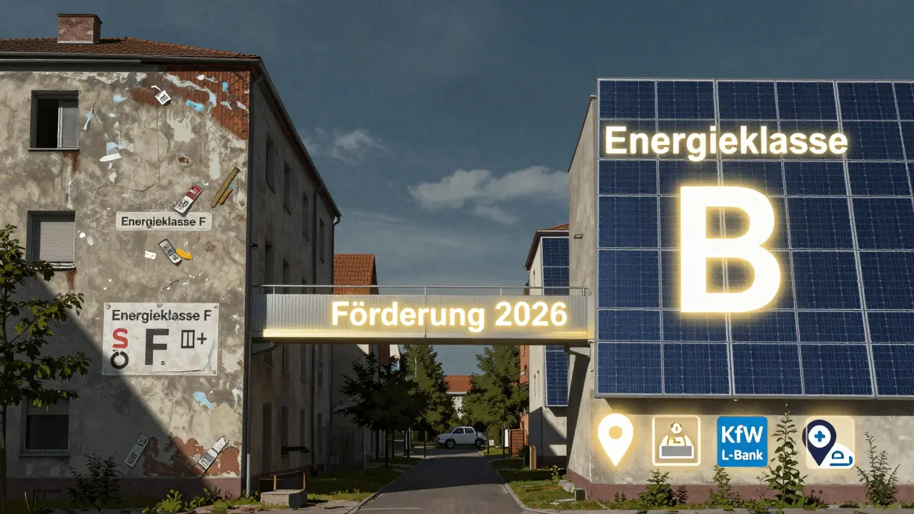 Gegensatz zwischen veralteter Immobilie mit schlechter Energiebilanz und energieeffizient saniertem Haus mit Förderungssymbolen.