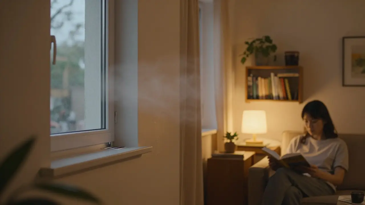 Gemütliches Wohnzimmer bei Dämmerung, frische Luft strömt durch unsichtbaren Lüfter, keine Zugluft.