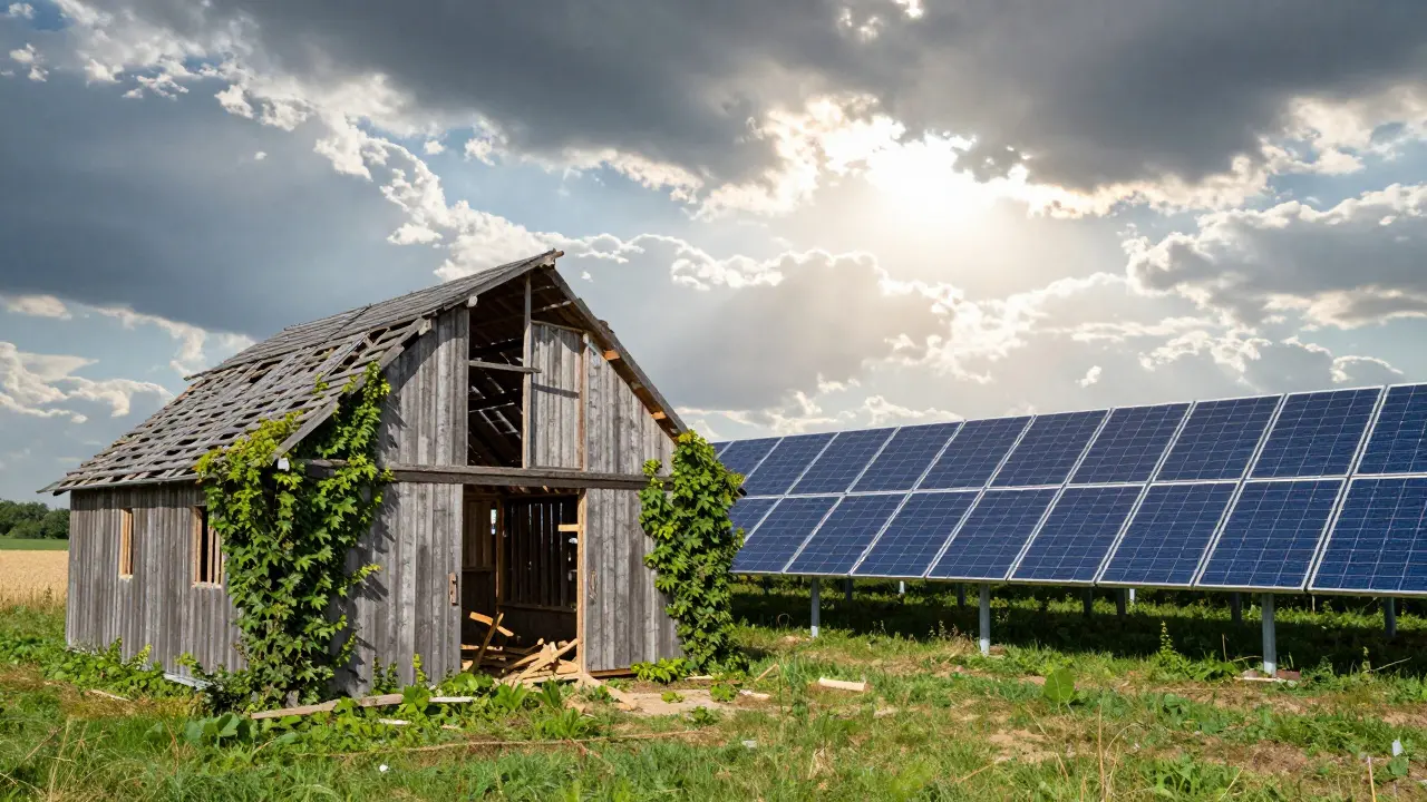Halbzerfallener Stall neben funktionierender Solaranlage in ländlicher Landschaft.