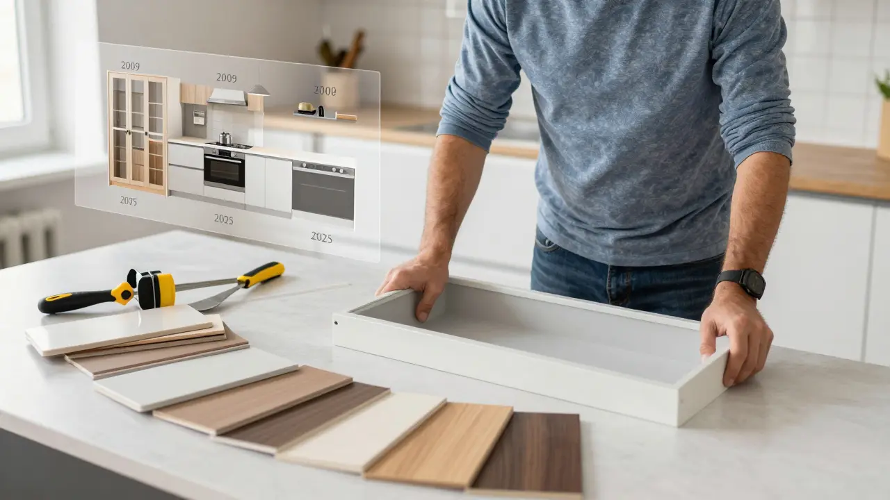 Heimwerker installiert neue Schrankfronten über bestehenden Möbeln mit verschiedenen Materialmustern auf der Arbeitsplatte.