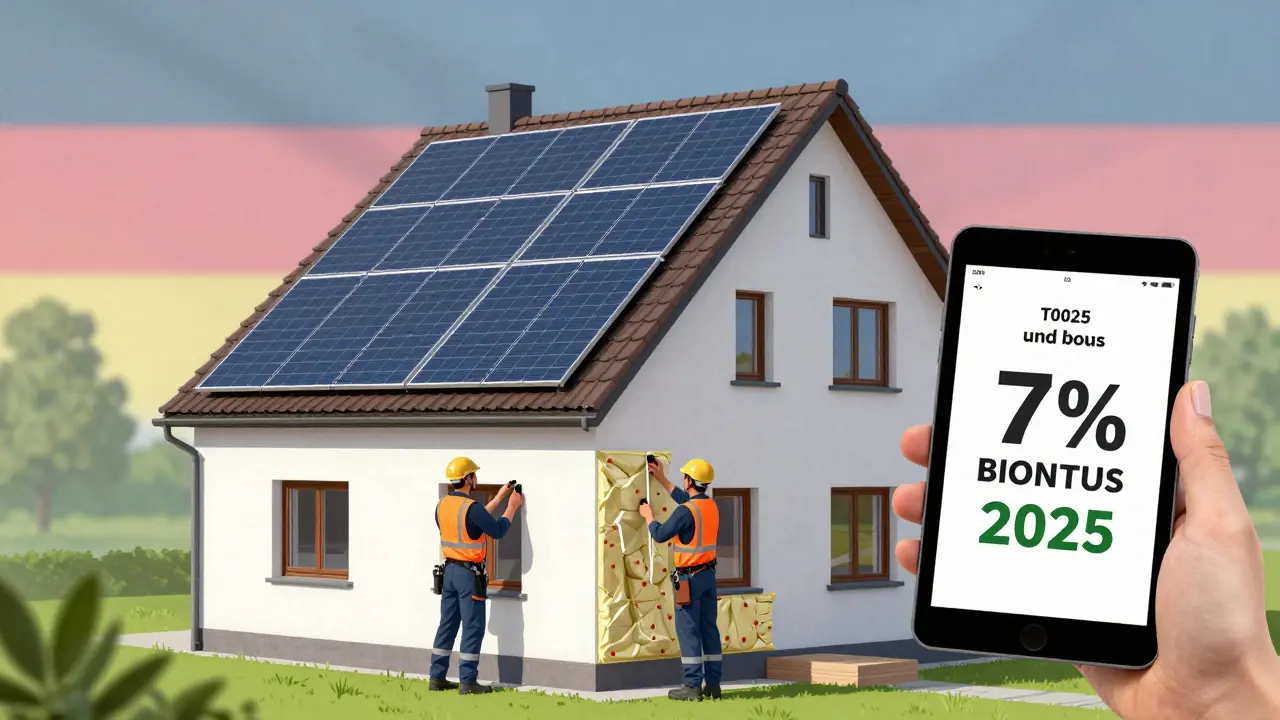 Modernes Eigenheim mit Dämmung und Solaranlage, Handwerker arbeiten, digitale Anzeige zeigt Steuerbonus von 7 %.