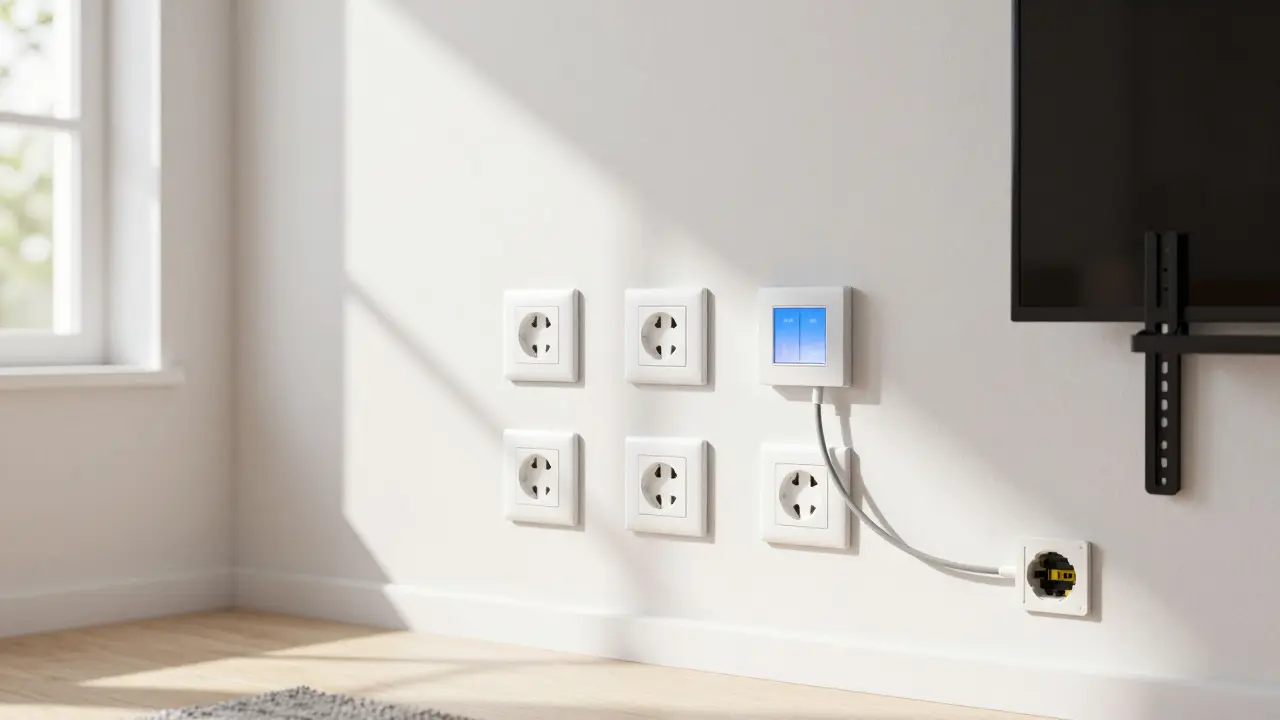 Modernes Wohnzimmer mit sechs Steckdosen und einem Ethernet-Anschluss in der Wand, neben einem Fernseher.