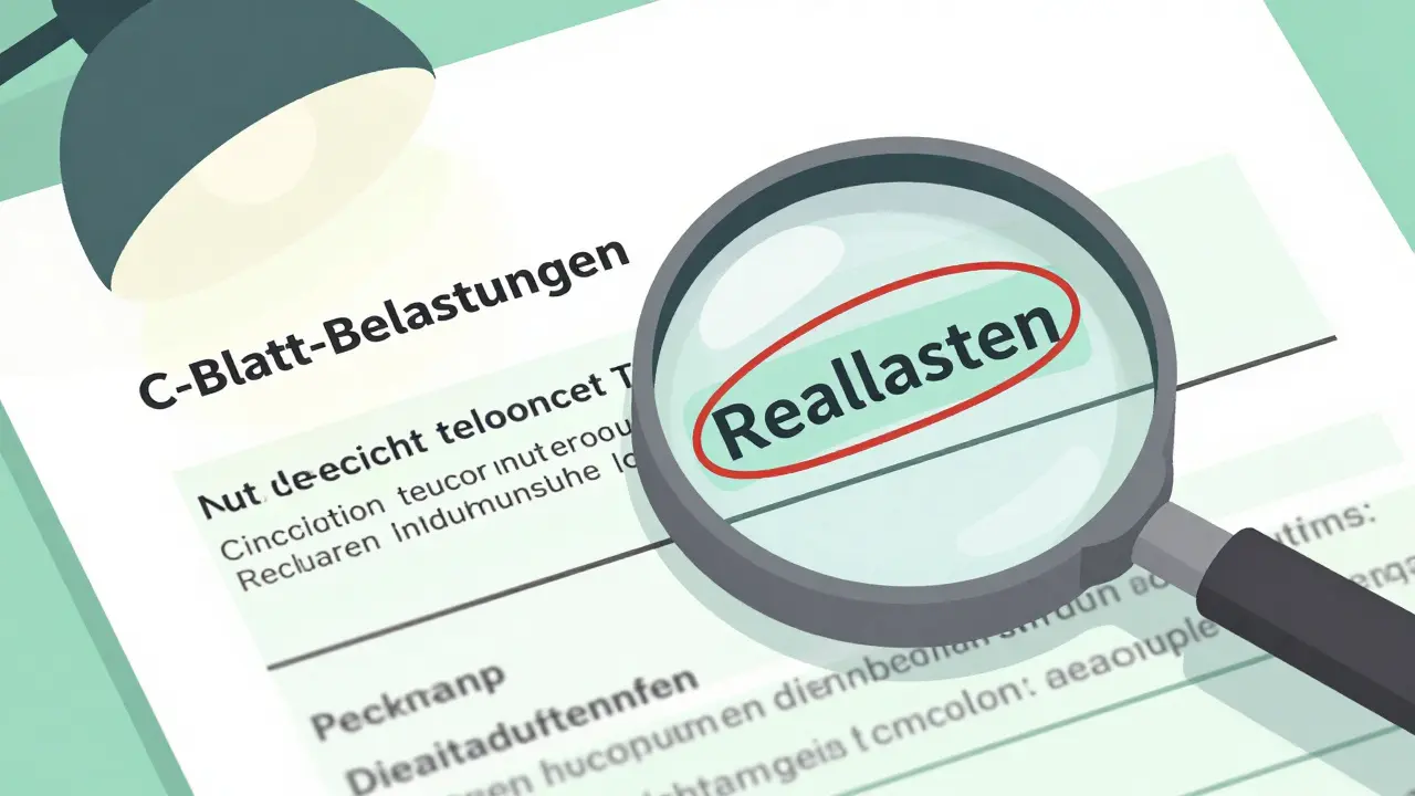 Nahaufnahme von Grundbuchauszug mit betonten Belastungen unter Lupe