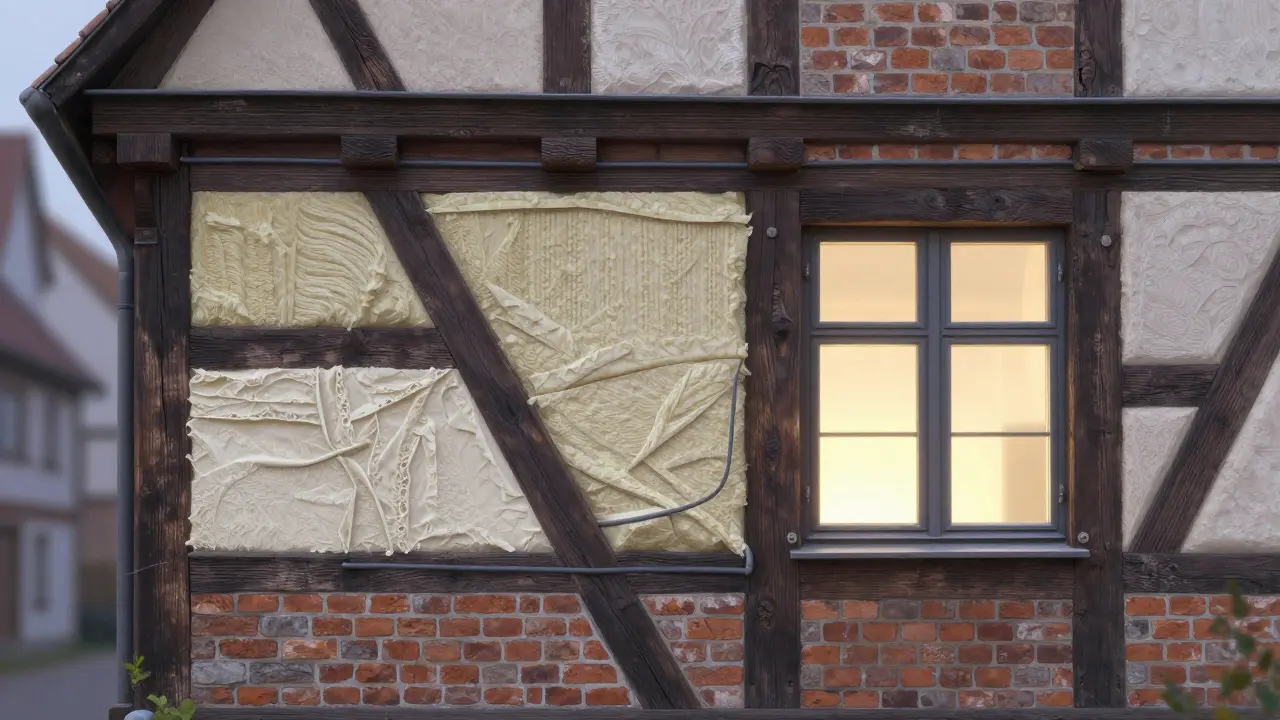 Querschnitt eines denkmalgeschützten Hauses mit diffusionsoffenen Dämmmaterialien und sanfter Heizung.