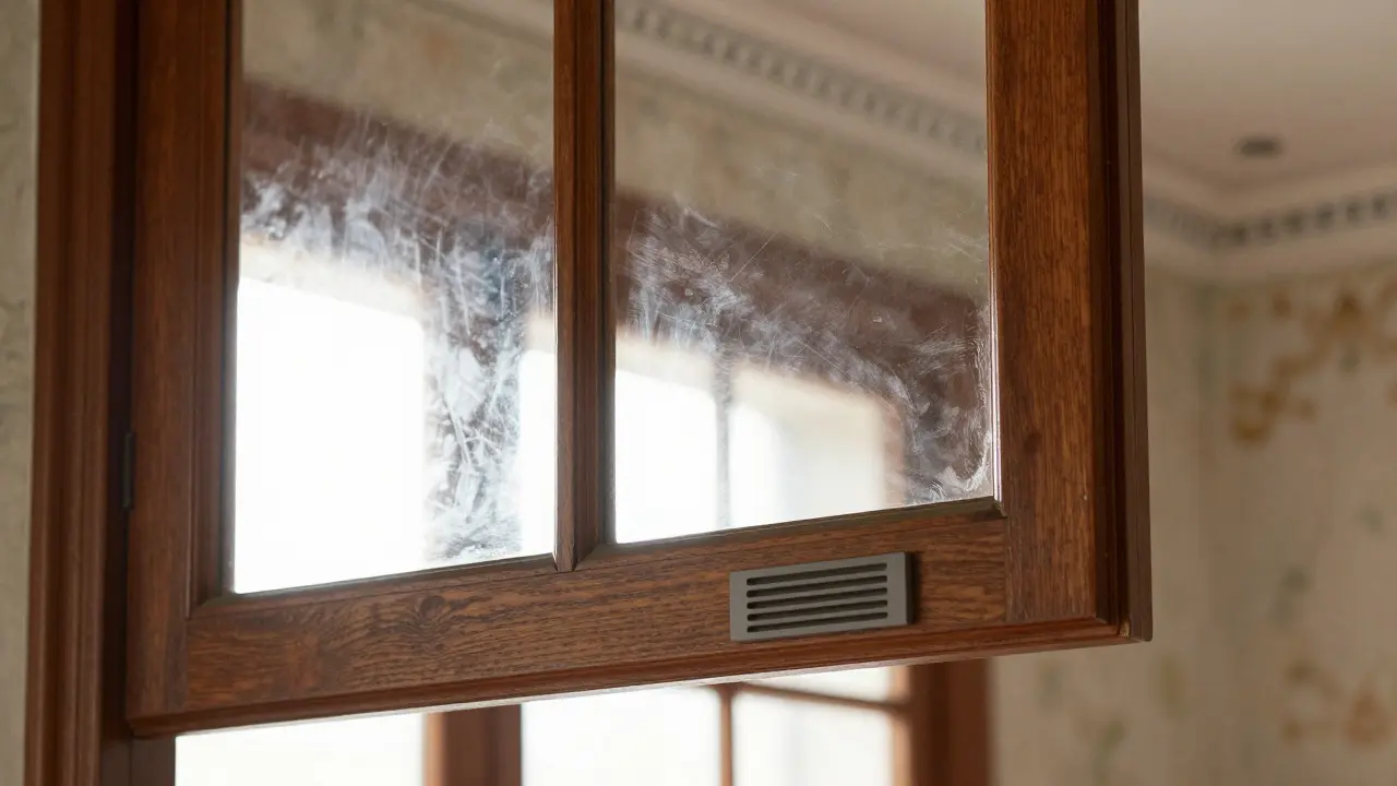 Restauriertes Holzfenster mit transparenter Nanogel-Dämmfolie und diskreter Lüftung