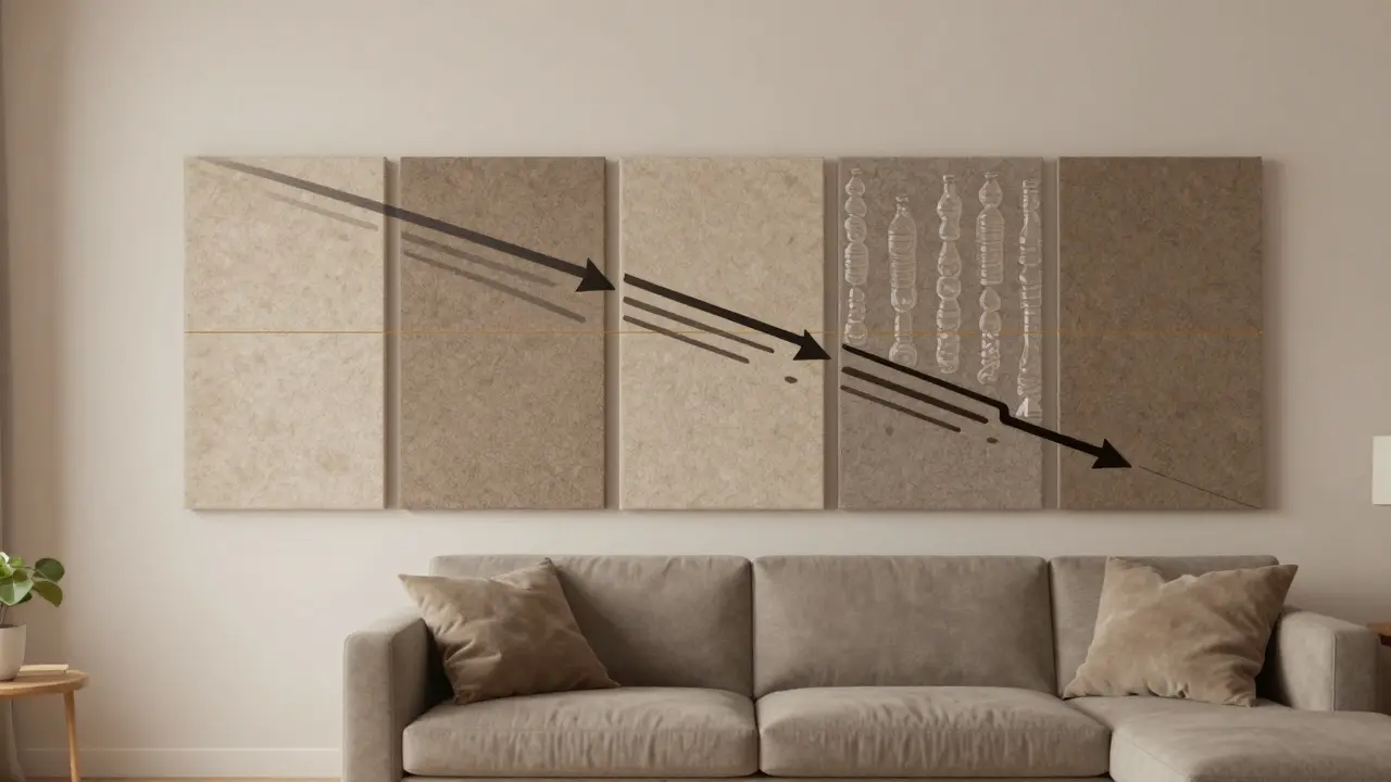 Schematische Darstellung, wie PET-Filz-Schalldämmpaneele Schallwellen absorbieren und in Wärme umwandeln.