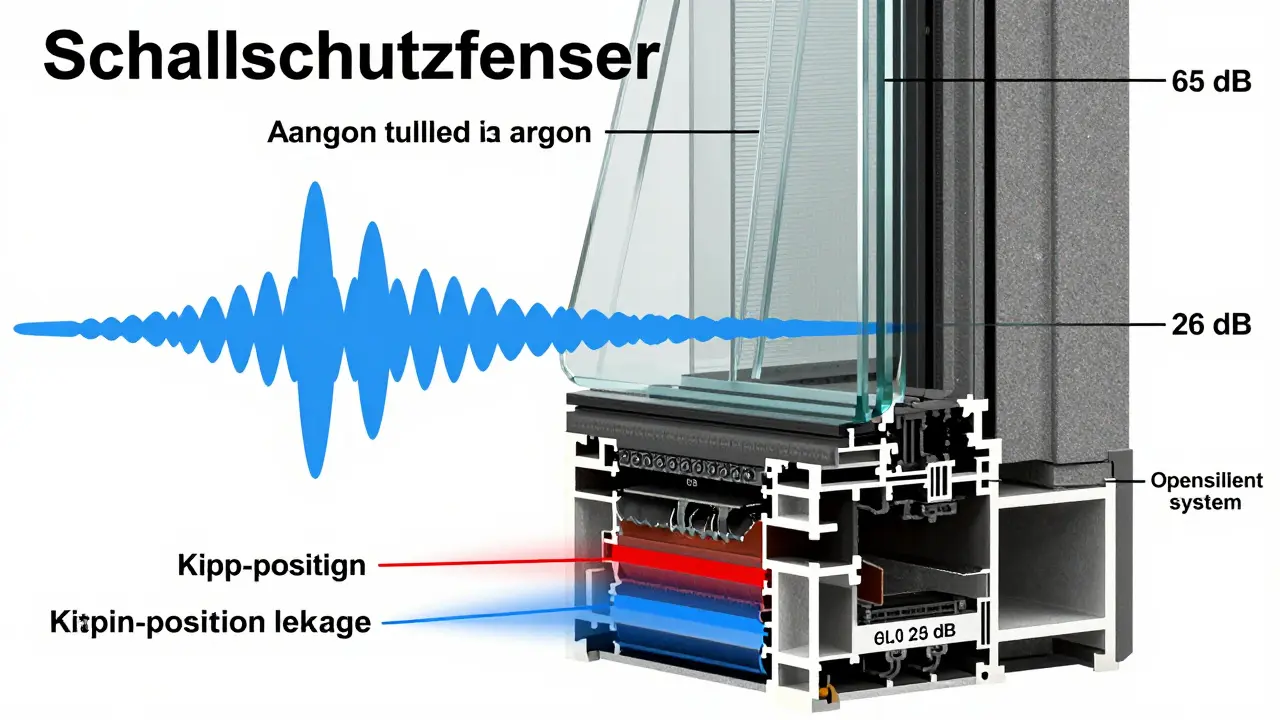 Schnitt durch ein Schallschutzfenster mit akustischen Schichten, Argonfüllung und verborgener Lüftungskassette.