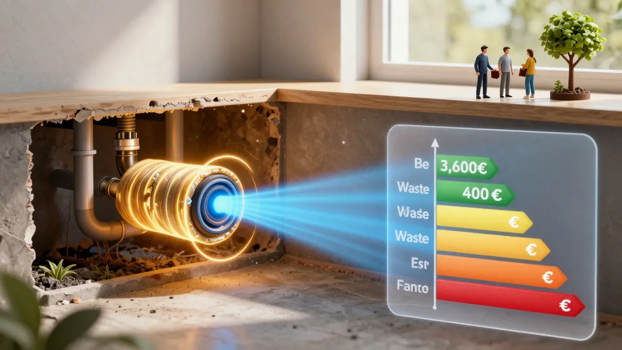 Schnittmodell eines Hauses mit vergleichenden Wärmeströmen: gedämmte Rohre speichern Wärme, ungedämmte verlieren sie – mit visualisierten Einsparungen.