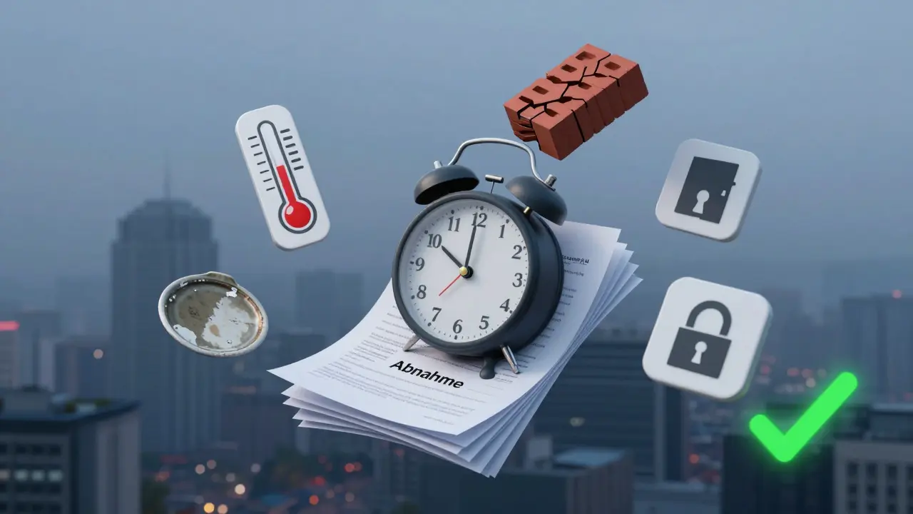 Symbolische Darstellung von Abnahmepflichten, Mängeln und rechtlichen Konsequenzen.