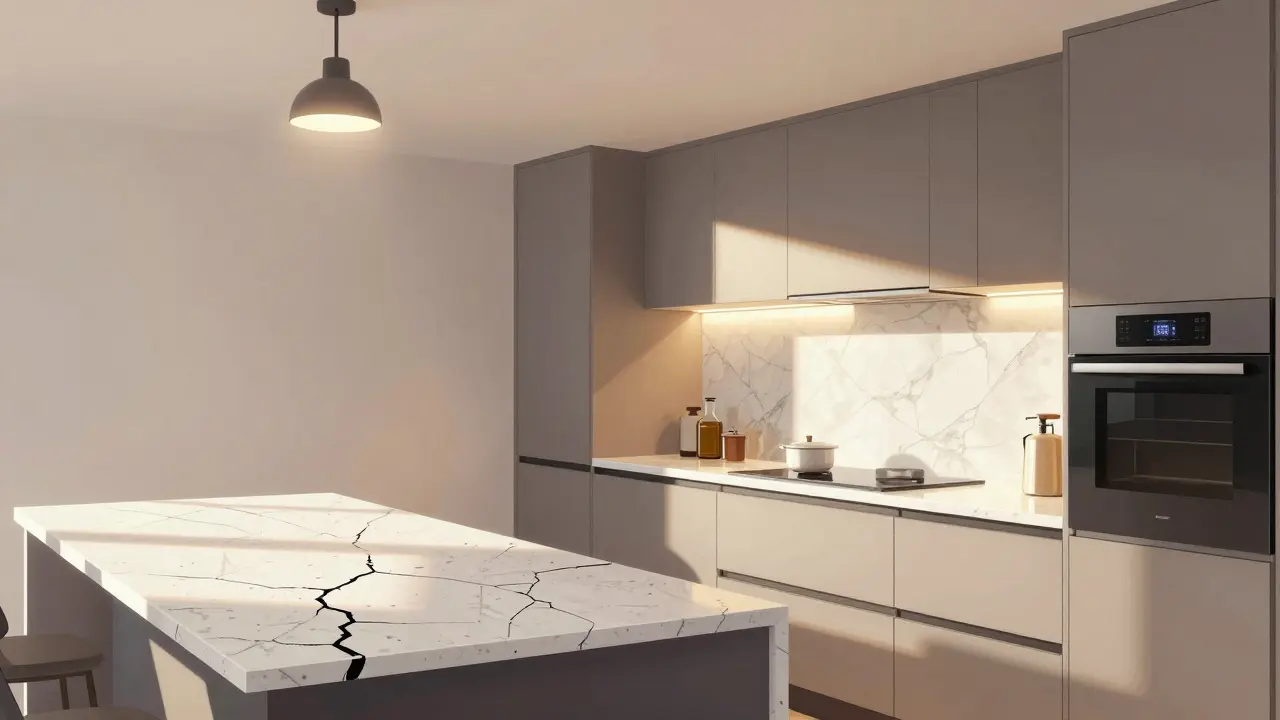 Vergleich einer veralteten Küche mit moderner Ausstattung: neue Arbeitsplatte, LED-Beleuchtung und energieeffiziente Geräte.