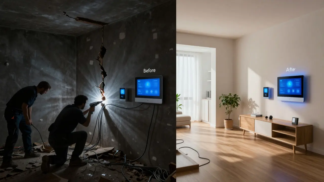 Vergleich: links chaotische Nachrüstung mit aufgebrochenen Wänden, rechts saubere, verborgene Smart-Home-Infrastruktur.
