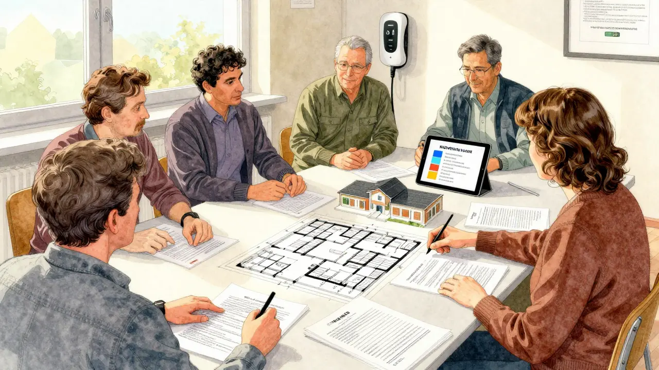 WEG-Mitglieder diskutieren in einem Sitzungszimmer über Parkplatzrechte und die Installation einer E-Ladestation anhand von Grundrissen und digitalen Geräten.