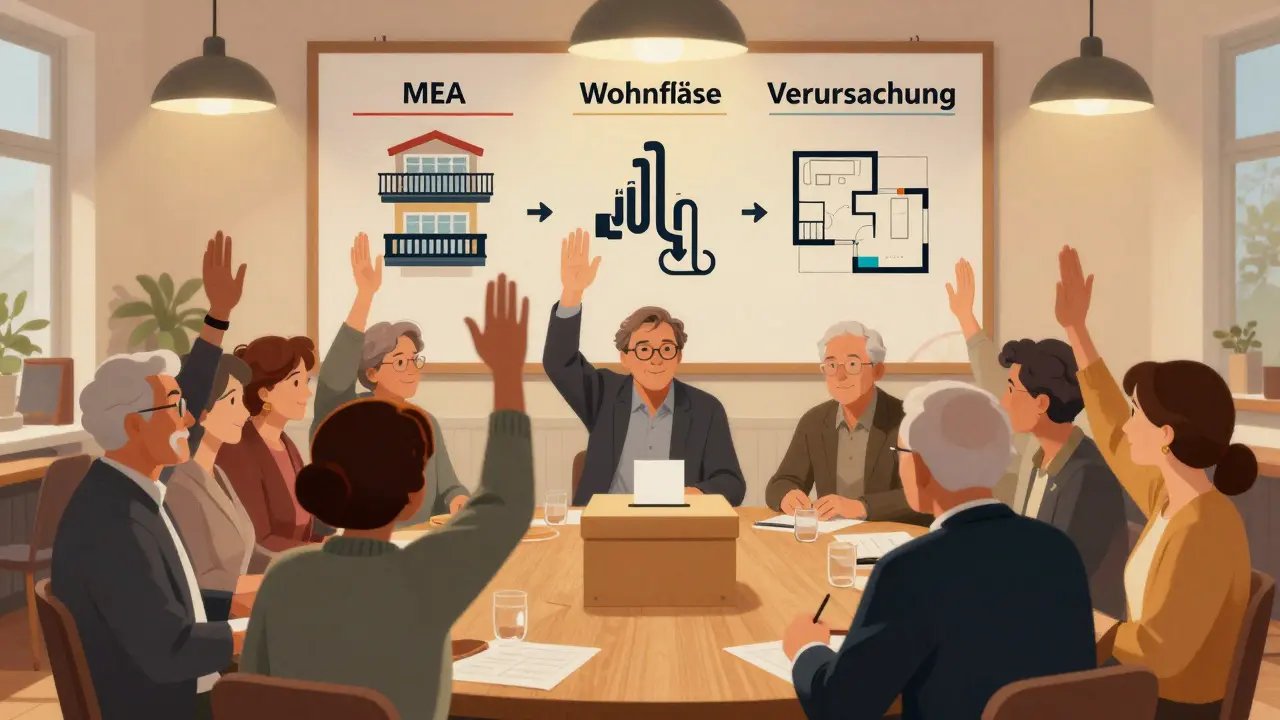 Wohnungseigentümer stimmen in einer Versammlung über verschiedene Kostenverteilungsschlüssel ab.