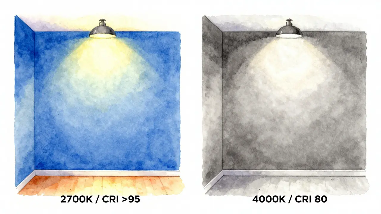 Zwei Wände unter unterschiedlicher Farbtemperatur: Warmweiß (CRI >95) vs. Kaltweiß (CRI 80) mit Farbverzerrung.