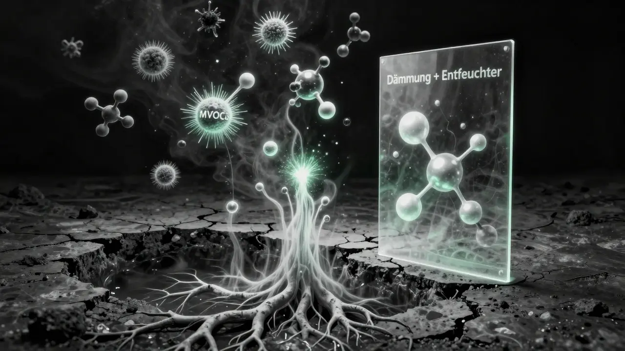 Abstrakte Darstellung von aufsteigender Feuchtigkeit und Schimmelsporen, blockiert durch eine Schutzschicht aus Dämmung und Entfeuchter.