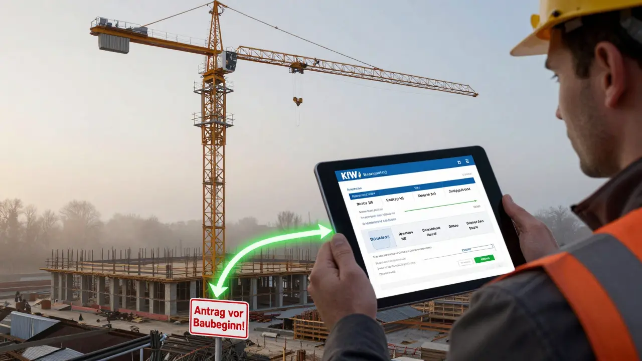 Baustelle mit Tablet, das KfW- und Bankkredit-Timeline zeigt, Warnhinweis 'Antrag vor Baubeginn'.