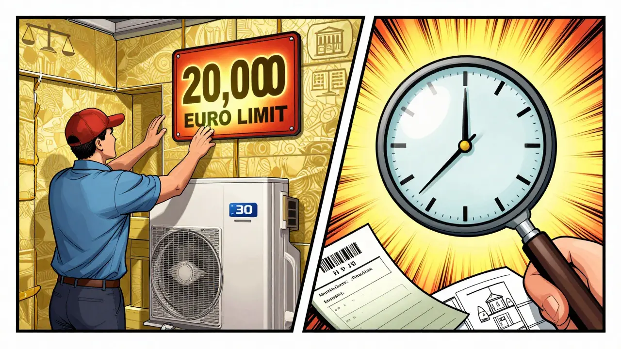 Comic-Stil: Vermieter renoviert Wohnung mit 20.000-Euro-Grenze und 5-Jahres-Sperre, Rechnungen und Uhr als zentrale Symbole.