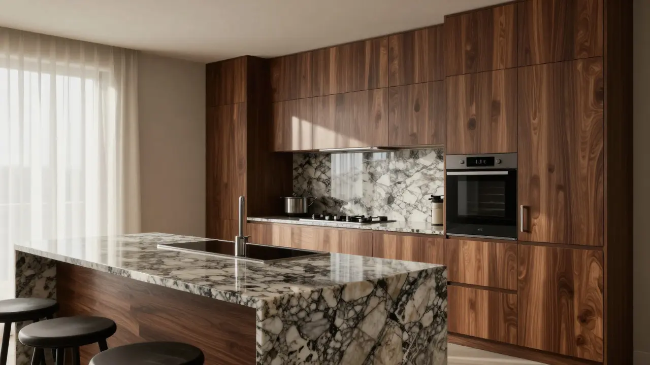 Detailreiche 3D-Ansicht moderner Holzküche mit Glanzlichtern.