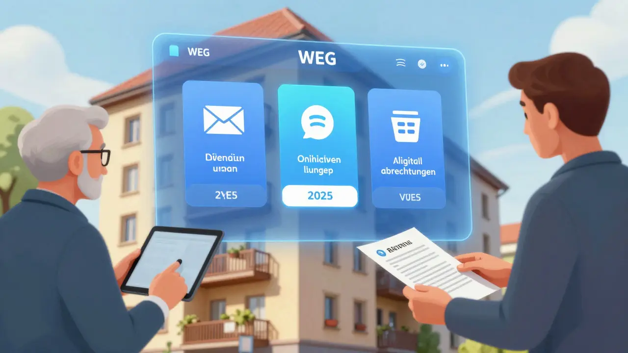 Digitale Plattform für Wohnungseigentümer über einem deutschen Wohnhaus, mit Online-Abstimmung und digitalen Abrechnungen.