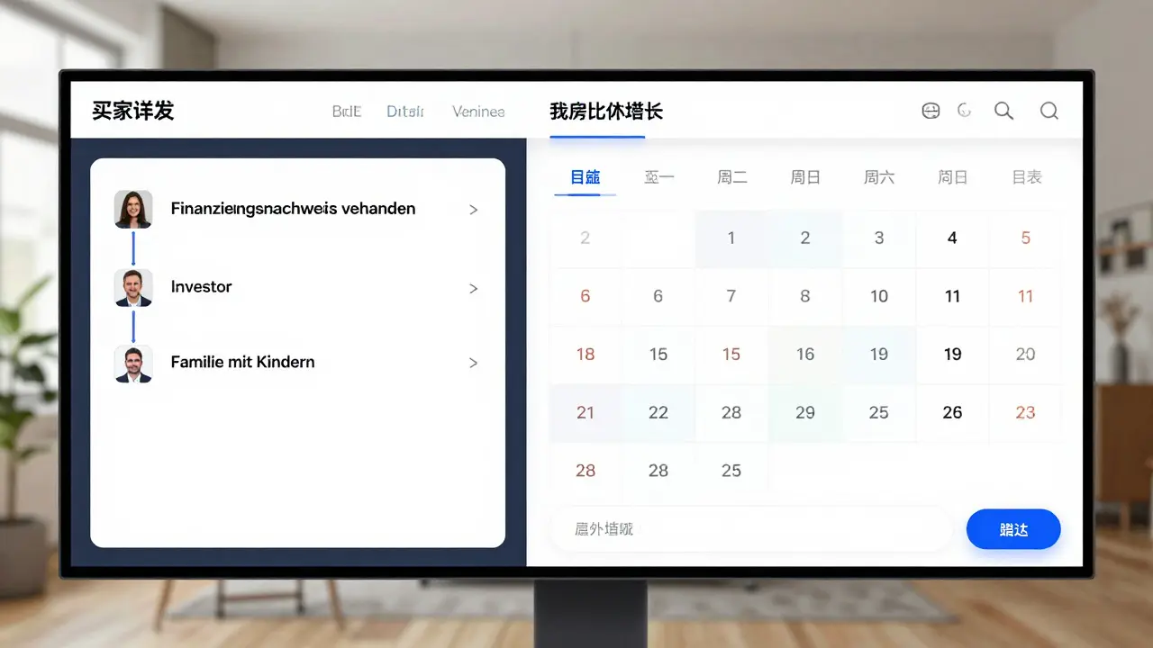Digitaler Dashboard-Ansicht mit Filterkriterien für Immobilieninteressenten und automatischen Terminbuchungen.