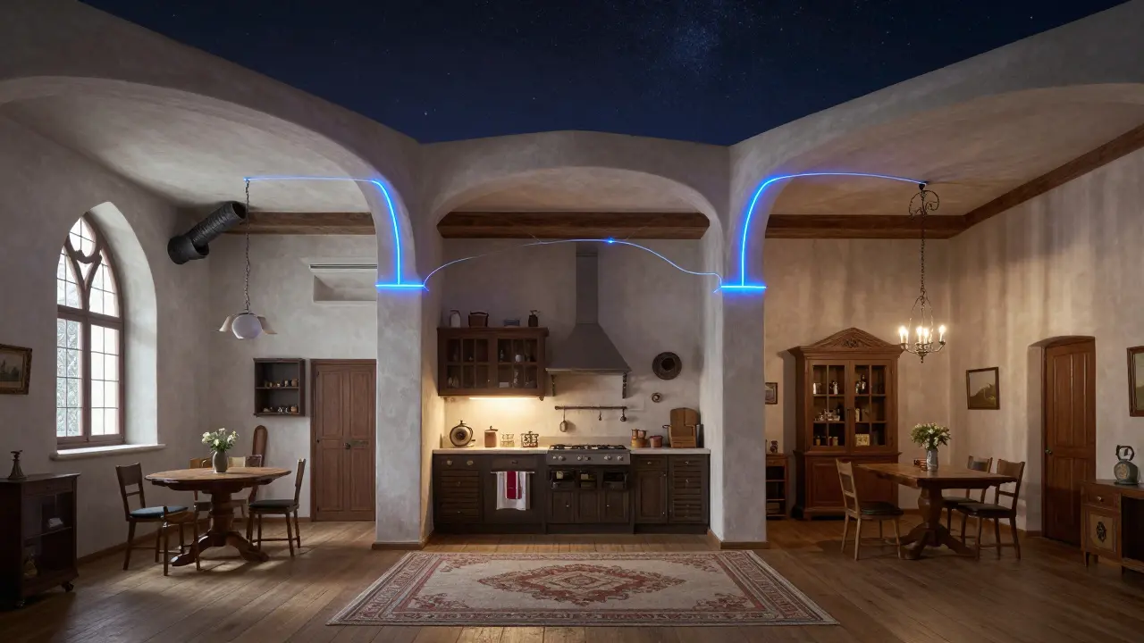 Drei historische Räume mit unsichtbaren Kabeln in originalen Hohlräumen: Kamin, Zwischendecke und Gesims, verbunden durch Lichtpfade.