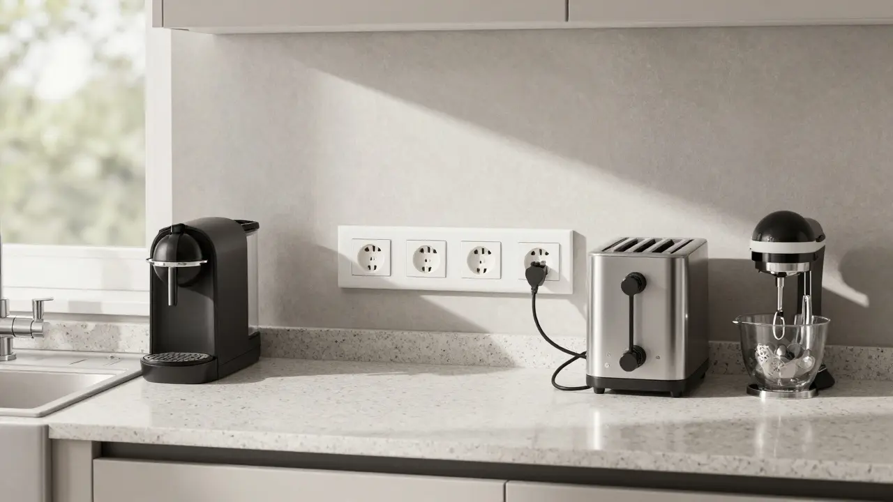 Drei Steckdosen oberhalb der Küchenarbeitsplatte, abgesetzt vom Spülbecken, mit Küchengeräten angeschlossen.