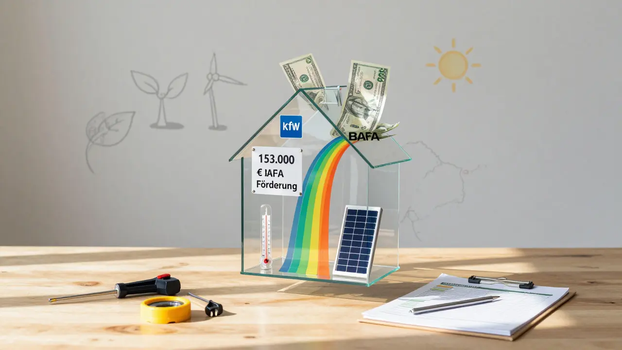 Durchsichtiges Haus mit Fördergeldströmen aus deutschen Programmen, symbolisiert als finanzielle Energieflüsse.