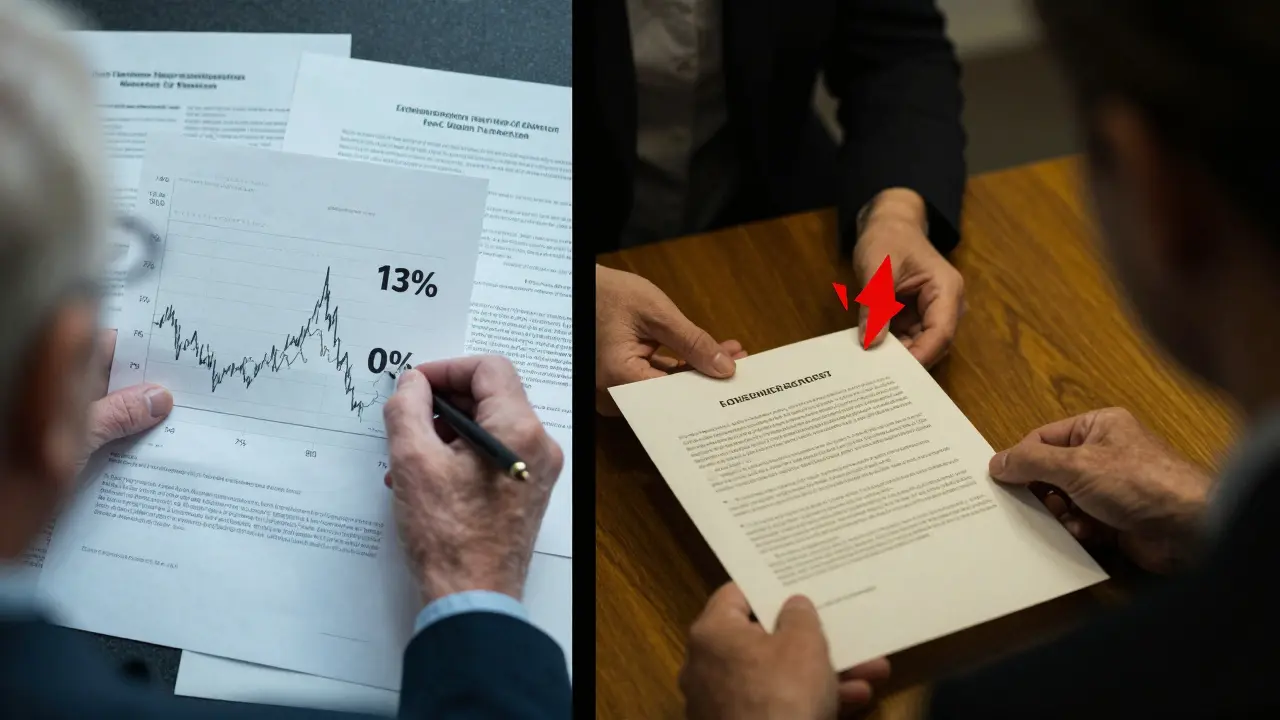 Ein Finanzdiagramm zeigt steuerpflichtige Anteile nach Alter, während eine schattige Gestalt einen riskanten Vertrag übergibt – Kontrast zwischen Sicherheit und Gefahr.