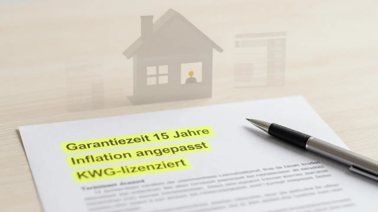 Ein rechtlicher Vertrag mit hervorgehobenen Klauseln: Garantiezeit, Inflationsschutz und KWG-Lizenz – symbolisiert sichere Leibrentenvereinbarung.