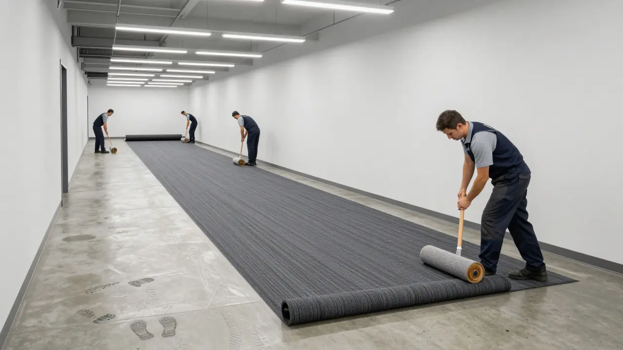 Ein vollflächig verklebter Teppichboden in einem Geschäftsflur, Arbeiter drücken mit Walzen den Boden fest, helle Beleuchtung, hohe Beanspruchung.