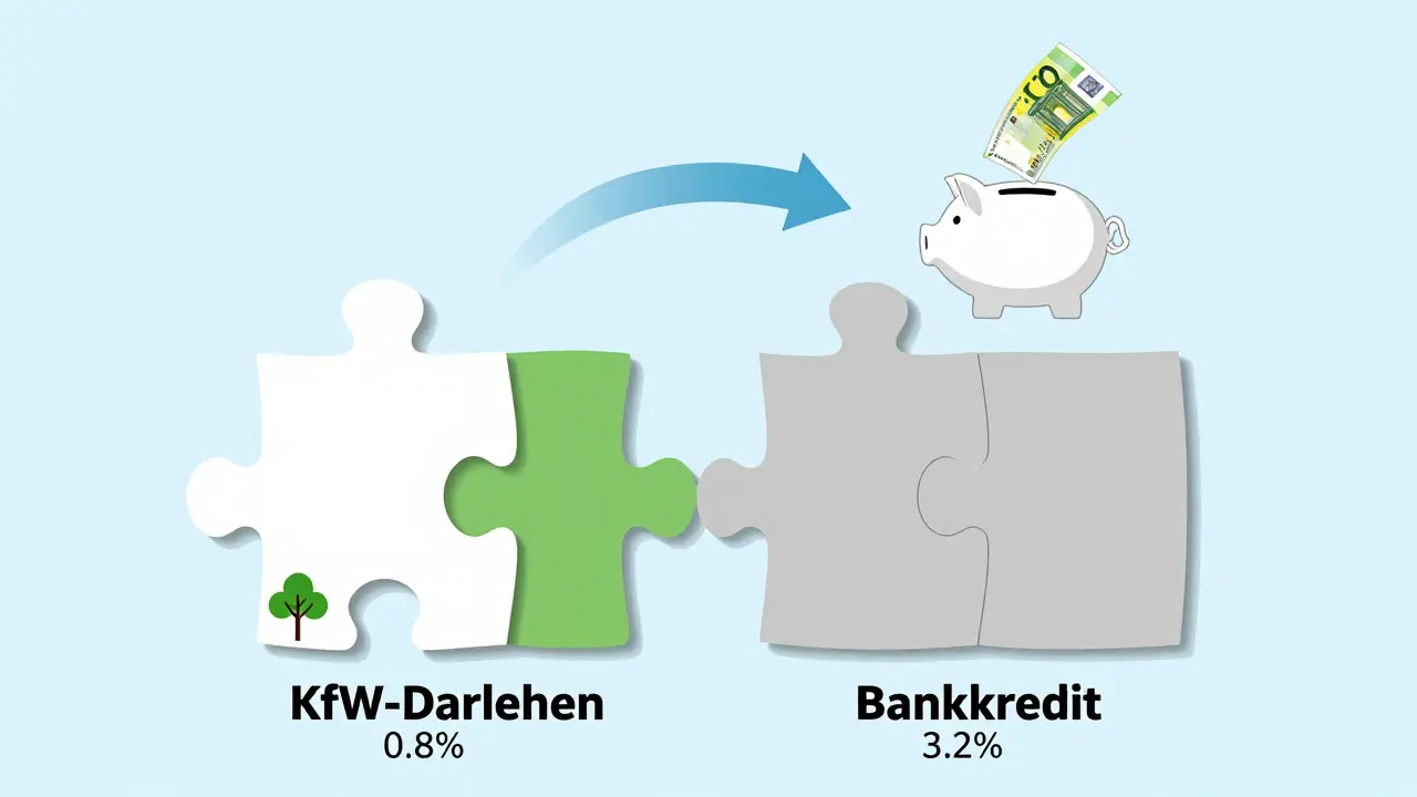 Finanzierungs-Puzzle: KfW-Darlehen für Energieeffizienz und Bankkredit für Restkosten.