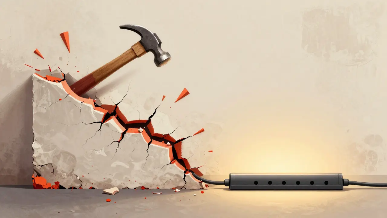 Gebrochener historischer Putz neben einem unbeschädigten Oberflächen-Kabelkanal — Kontrast zwischen Zerstörung und Erhaltung.