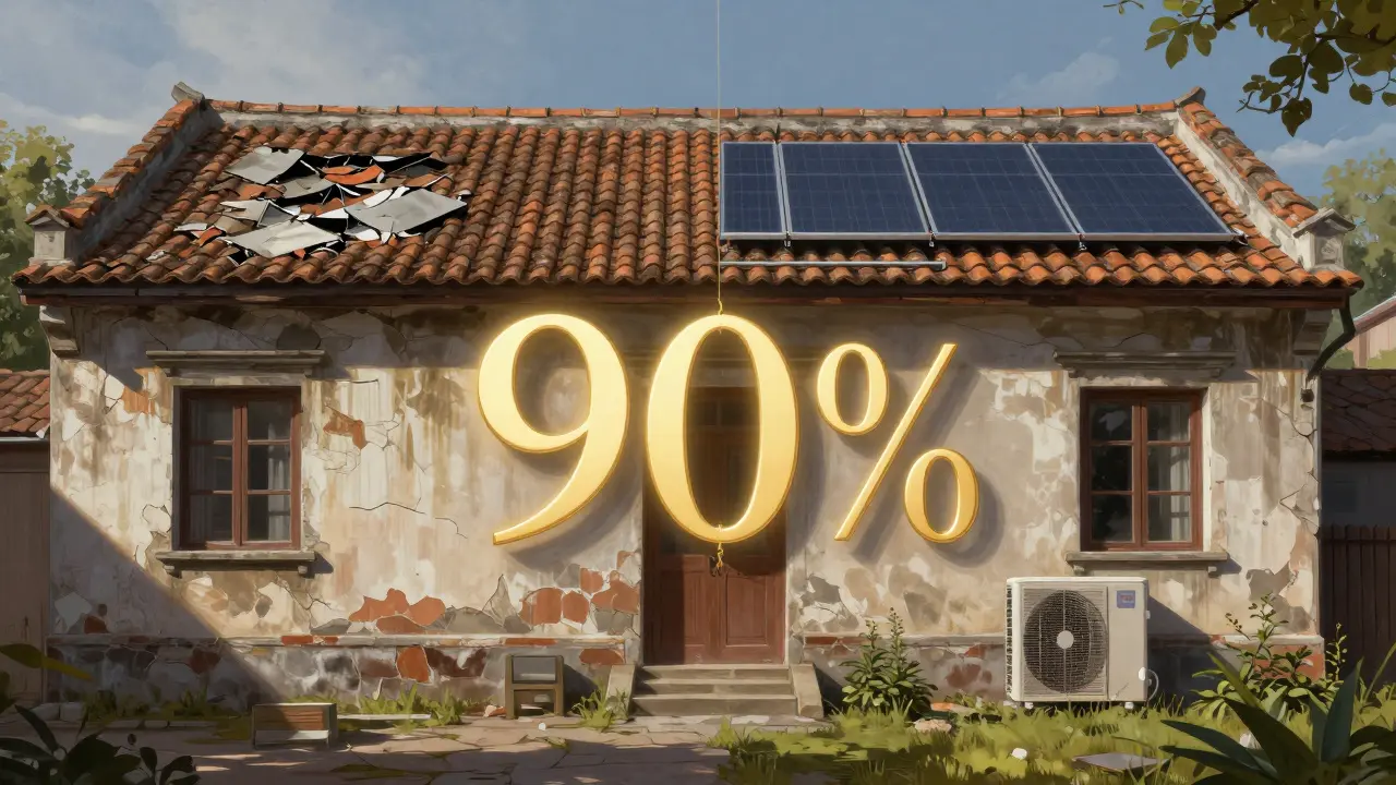 Gespaltenes Bild: links verfallendes Denkmal, rechts restauriert mit versteckter Energieeffizienz – Symbol für Erhalt und Modernisierung.