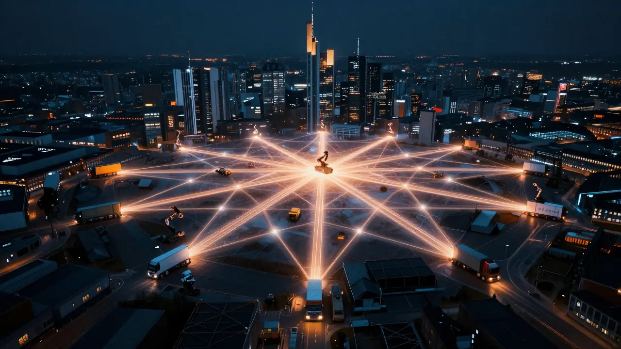 Glowing logistics network connecting Germany's top logistics hubs with symbolic transport and defense elements.