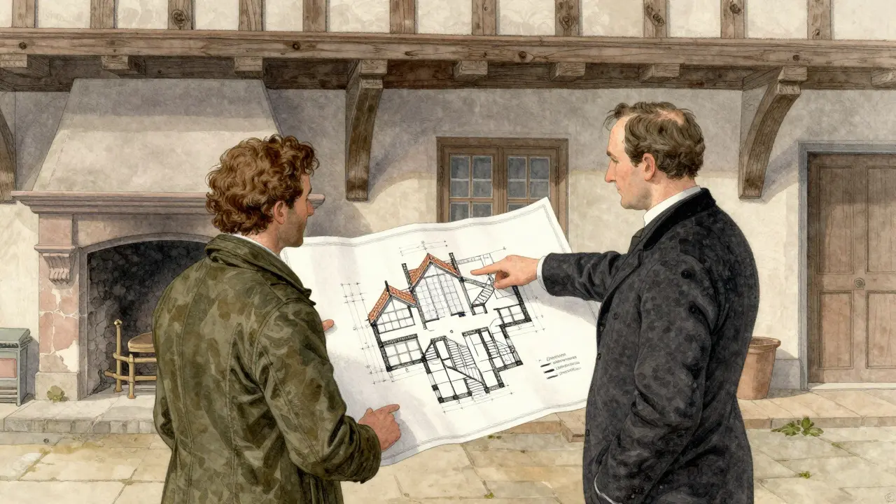 Hausbesitzer und Denkmalbehörde besprechen Sanierungspläne an historischen Bauplänen in einem alten Innenhof.