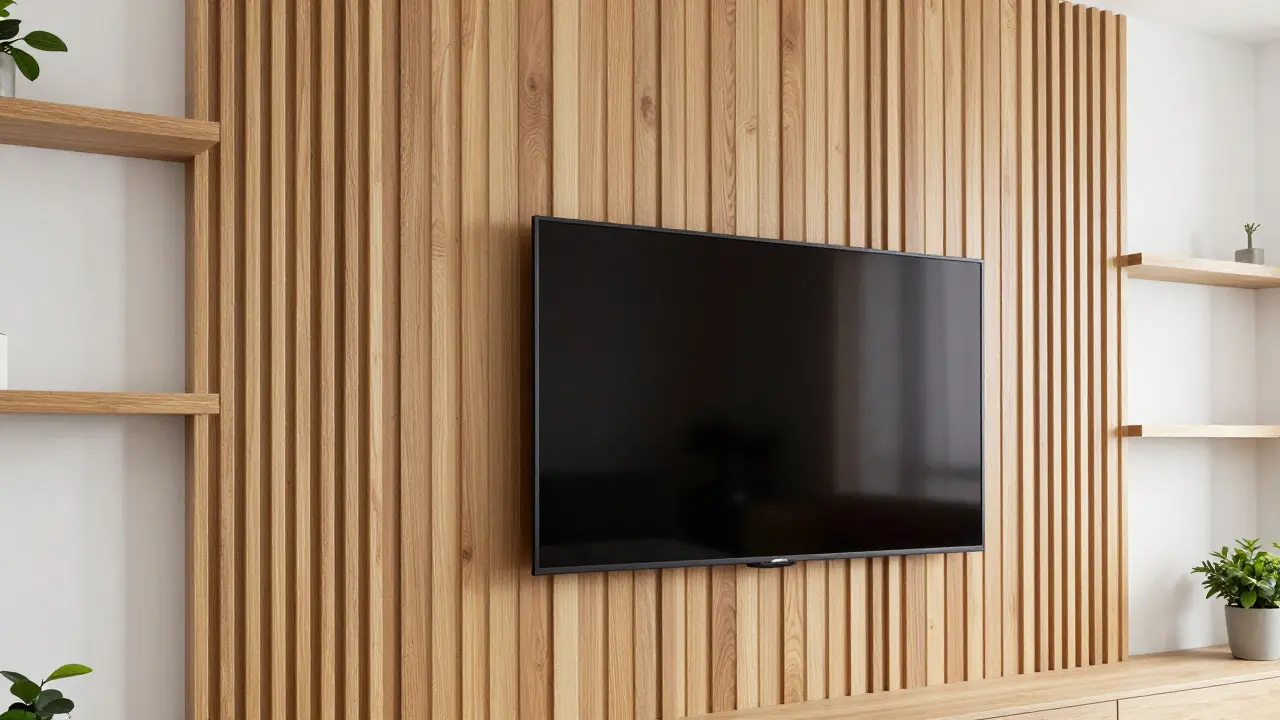 Holzlamellenwand hinter Fernseher in skandinavischem Wohnstil