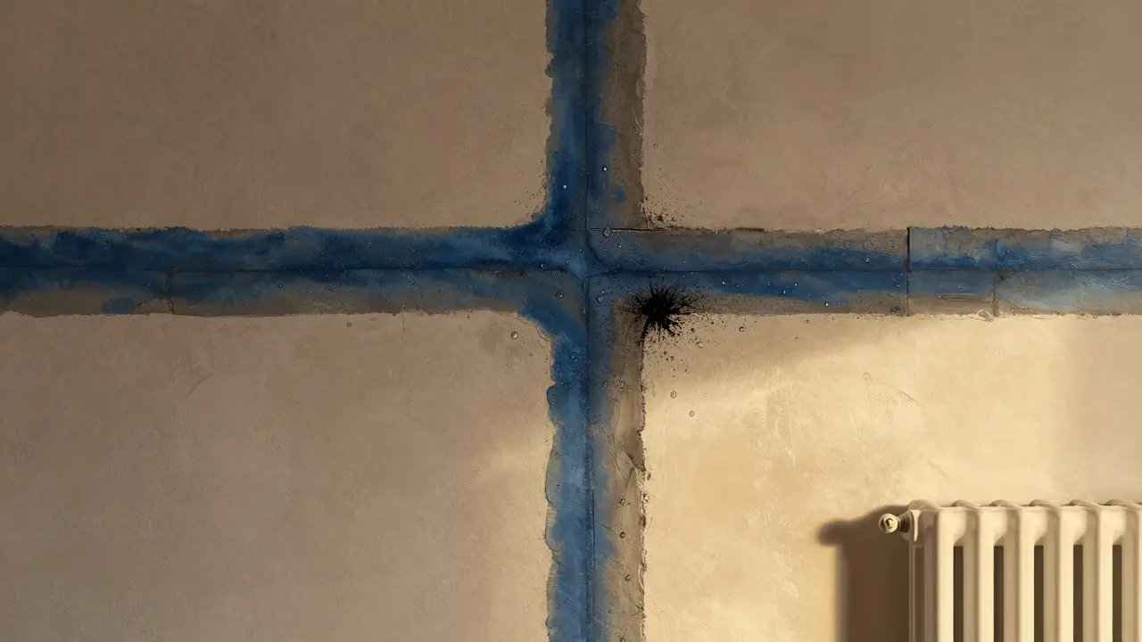 Innenwand mit sichtbarer Wärmebrücke durch einen Betonträger, Kondenswasser und Schimmelflecken in kalter Zone.