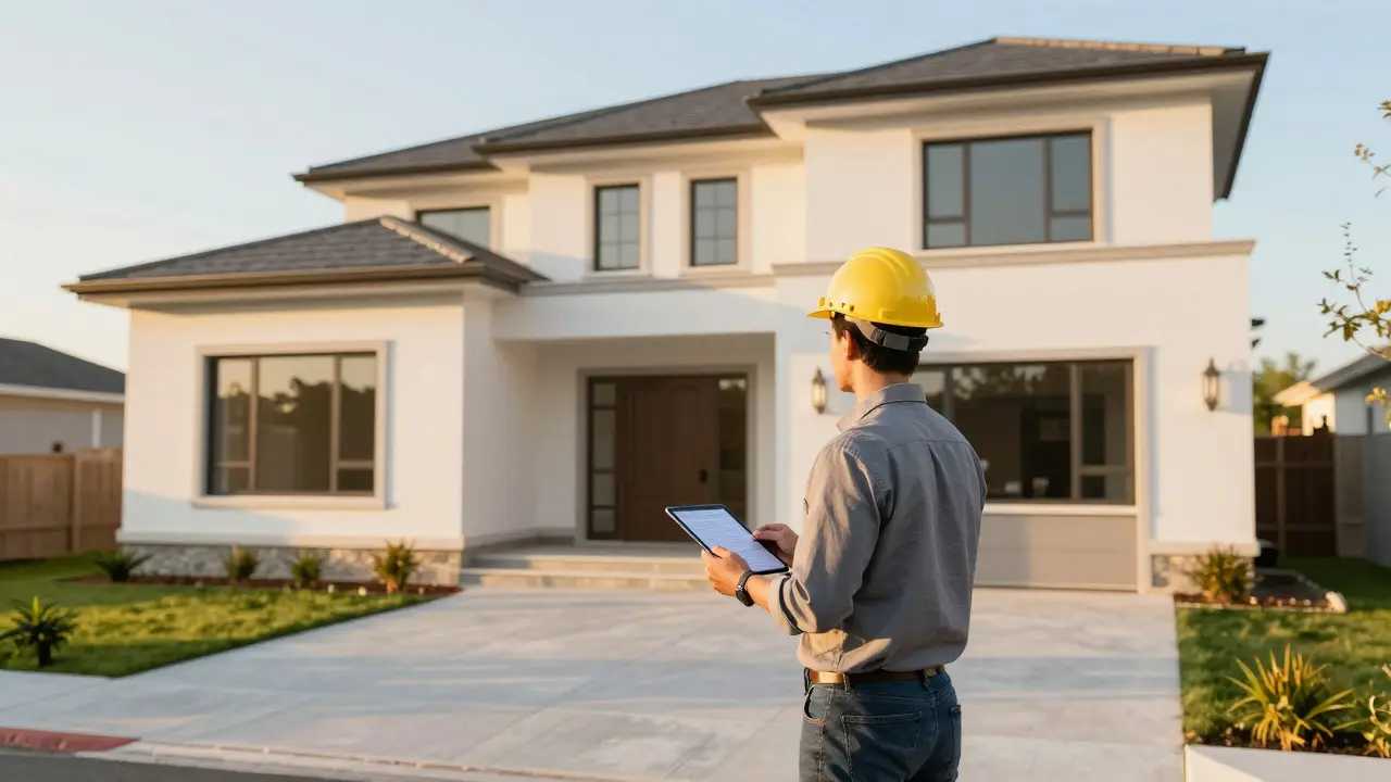 Inspektor prüft Tablet vor einem fertigen Einfamilienhaus.