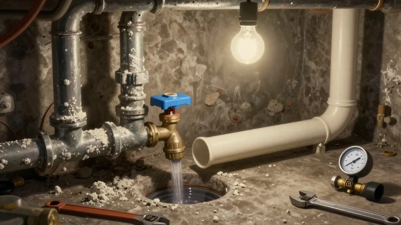 Keller mit veralteten verzinkten Rohren und Kalkablagerungen neben modernen PEX-Rohren.