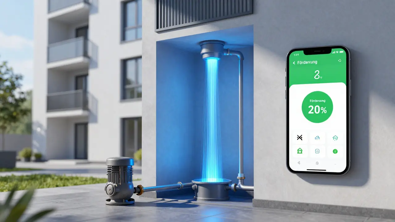 Modernes Hauswasserwerk mit App-Überwachung und Förderhinweis '20 %'.