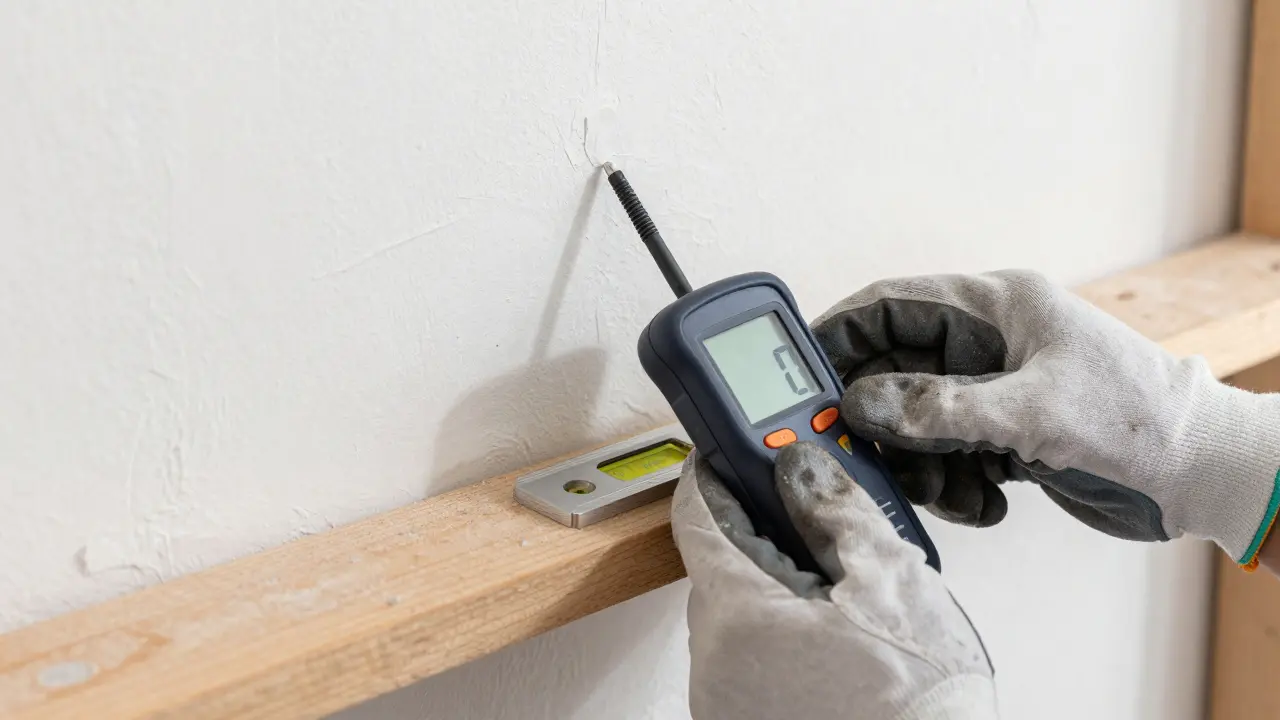 Nahaufnahme von Händen, die ein Messgerät an der Wand verwenden.