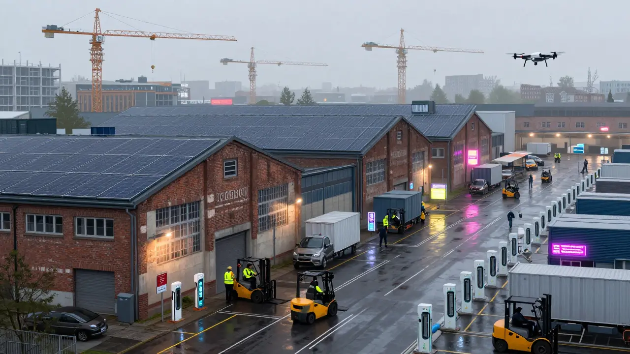 Renovierte Lagerhalle in Berlin mit Solaranlagen, E-Ladestationen und Arbeitskräften bei der Arbeit.